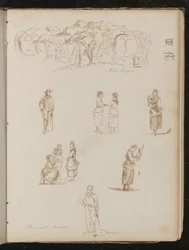 Étude de paysage avec arbres et arches en ruine inscrite "Près de Fréjus", six études de figures inscrites "Paysans provençaux?"