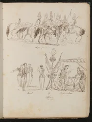 Étude de soldats à cheval inscrite "Life Guards", étude de groupes de soldats avec drapeaux, fumant et buvant