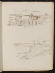 Étude de deux chevaux dans un paysage inscrit "Chevaux sauvages", étude de scène côtière et de falaise inscrite "une route en zigzag"