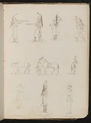 Dix études de soldats, chevaux, femme montant en amazone
