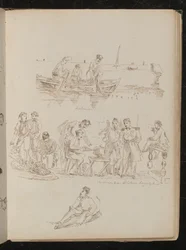 Trois figures dans une barque, scène de marché avec huit figures inscrites "Soldats piémontais achetant des fruits"