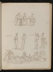 Trois soldats jouant aux cartes, deux "prisonniers napolitains" en conversation, trois "garibaldiens" à l