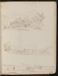 Trois études de scènes de campagne avec habitations, chevaux tirant une charrette et plan d