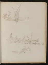 Trois études de navires, bateaux et paysage côtier