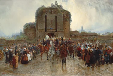 Vers le front : cavalerie française quittant une ville bretonne à la déclaration de guerre, 1888-89