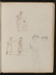 Deux études à la plume de paires de soldats en conversation, une étude au crayon de deux jeunes hommes en conversation