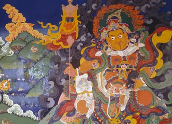Fresque représentant des divinités colorées, Monastère bouddhiste de Lamayuru, Himalaya, district de Ladakh, état de Jammu-et-Cachemire, Inde