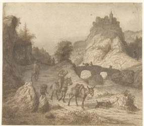 Paysage montagneux avec château et personnages