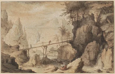 Dessinateur sur une pierre devant un pont