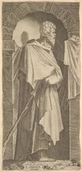Saint Jacques le Mineur dans une niche arquée, tenant un bâton de marche dans ses mains, 1545