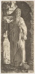 Saint Paul sous une arche envahie par la végétation, son pied gauche posé sur un rocher, sa main droite...