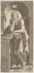 Saint Simon devant un livre ouvert avec les doigts de sa main gauche pressés sur le..., 1545