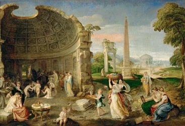 Paysage avec ruines antiques et baigneuses ... (huile sur toile)