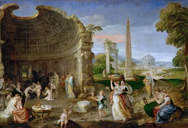 Paysage avec ruines antiques et femmes se baignant