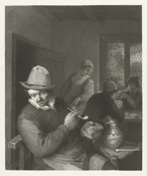 Scène de taverne avec un homme bourrant une pipe