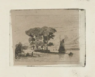 Paysage fluvial avec voilier et arbres