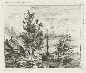 Paysage fluvial avec voilier et ferme