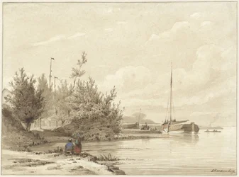 Paysage avec bateaux amarrés sur une rive
