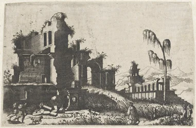 Paysage avec ruines couvertes de végétation et voyageurs