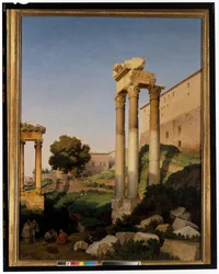 Vue du Forum romain avec les temples de Vespasien et de Saturne