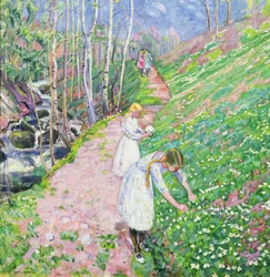 Filles cueillant des anémones des bois