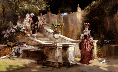 A Secret Rendez-Vous. Un rendez vous secret. Une femme dans les escaliesr chuchotte a l