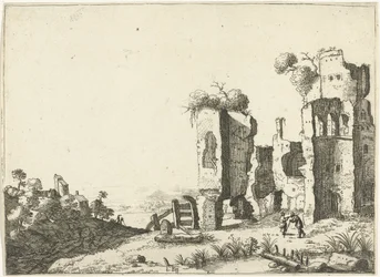 Homme appuyé sur un bâton devant une ruine (Paysages avec bâtiments romains antiques)