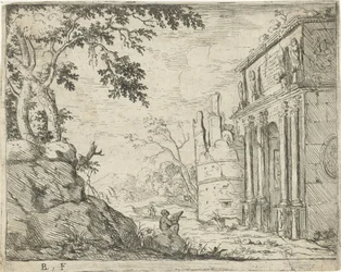 Dessinateur près des ruines d