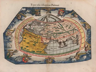Une carte du monde selon Ptolémée (Typus Orbis Descriptione Ptolemaei) par Laurent Fries, tirée de la réimpression de 1541 par Gaspar Trechsel de ses cartes de 1522 pour la Géographie de Ptolémée