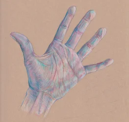 Étude de main #3, 2025 (crayon de couleur sur papier teinté)