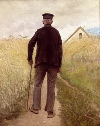 Vieil homme marchant dans un champ de seigle
