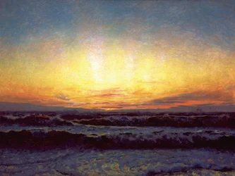 La mer du Nord par temps orageux. Après le coucher du soleil. Højen