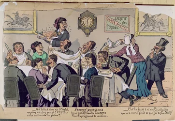 Pension de famille de classe moyenne, caricature, 1881