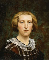 Portrait de Sientje Tadema, petit buste, en robe brune et blanche et châle noir, 1860