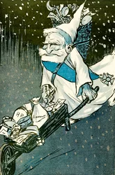 Le Noël pour les grands enfants - Le président français Émile Loubet déguisé en Père Noël avec une brouette de cadeaux pour les adultes. 1905.