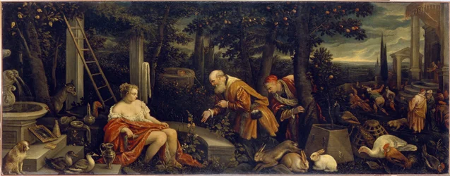 Suzanne et les vieillards. Peinture de Leandro Bassano (1557-1622), huile sur toile, vers 1580. Art italien (Venise)