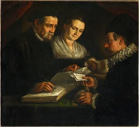 Le changeur Orazio Lago, sa femme et un client (peinture sur toile)