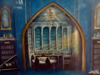 Détail de la Bibliothèque enchantée, 2024 (huile sur toile)