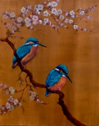 Deux martins-pêcheurs et fleurs de pommier, 2021