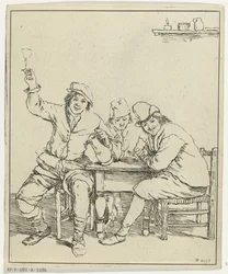 Trois hommes à table fumant et buvant