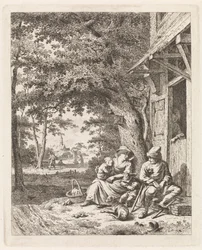 Famille avec chien, assis devant une maison
