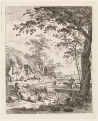 Bergère avec des moutons devant une ferme