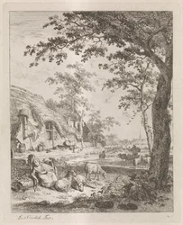 Bergère avec des moutons devant une ferme