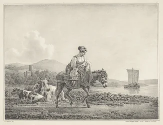 Femme sur un âne dans un paysage (série de six dessins de L. de Koningh)