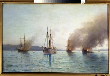 Navire torpilleur russe Grand Duc Constantin détruisant les navires turcs dans le détroit de Bosphore en 1877