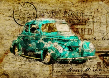 Carte postale vintage représentant une voiture bleu sarcelle