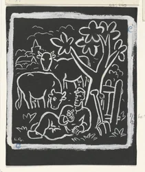Paysans se reposant sous un arbre dans un pré avec des vaches