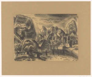 Paysage avec ferme entre les arbres