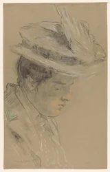 Femme avec chapeau, regardant vers le bas
