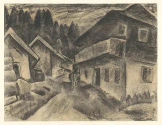 Vue de village avec un homme et une vache sur le chemin du village
